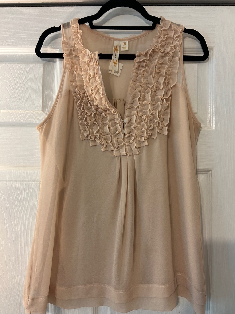 Adiva sleeveless Ruffle V-Neck Beige Ruffled Lined Boho style Top
